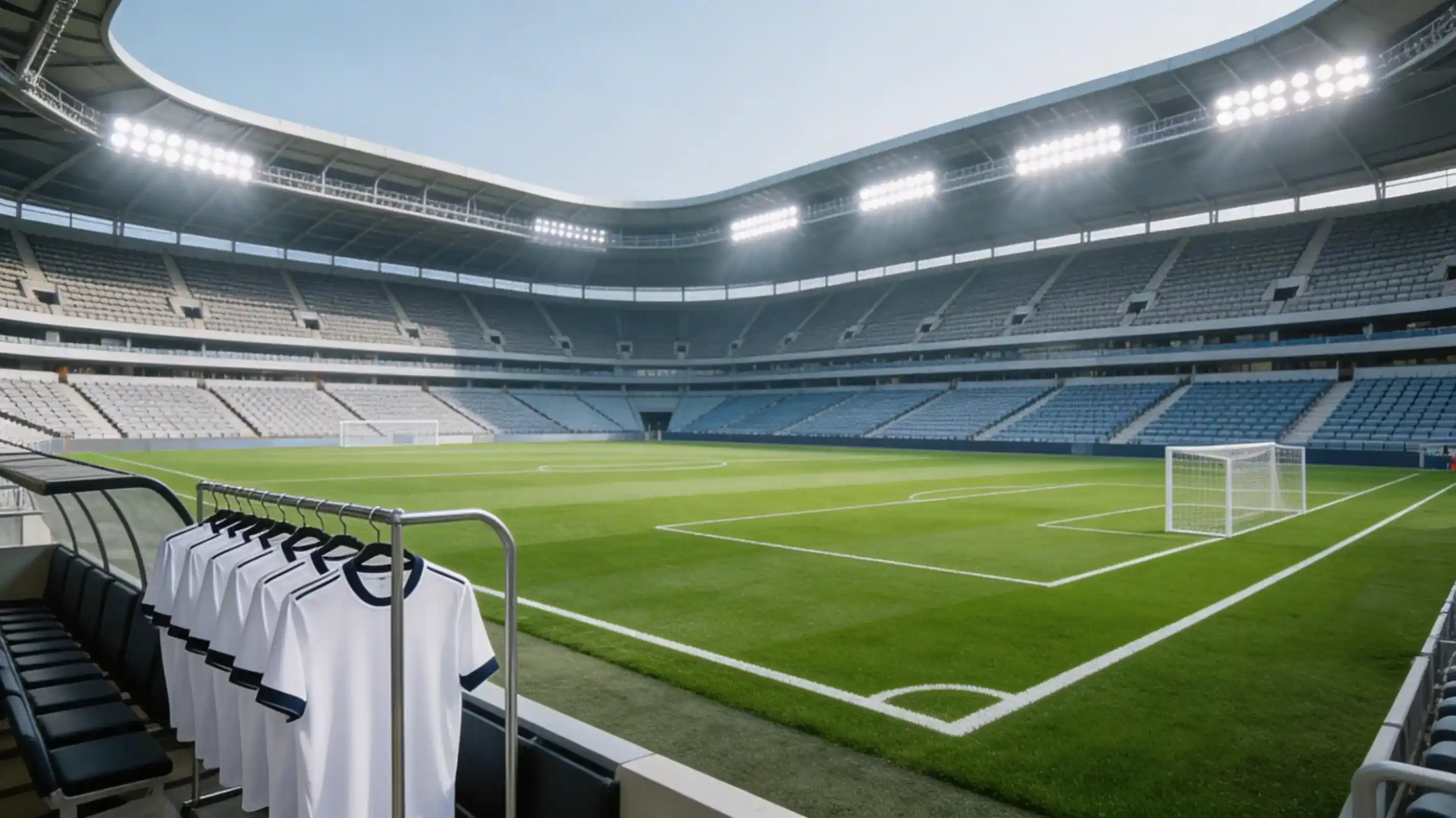 Terrain de football sous projecteurs avec maillots blancs de la Mannschaft dans un grand stade