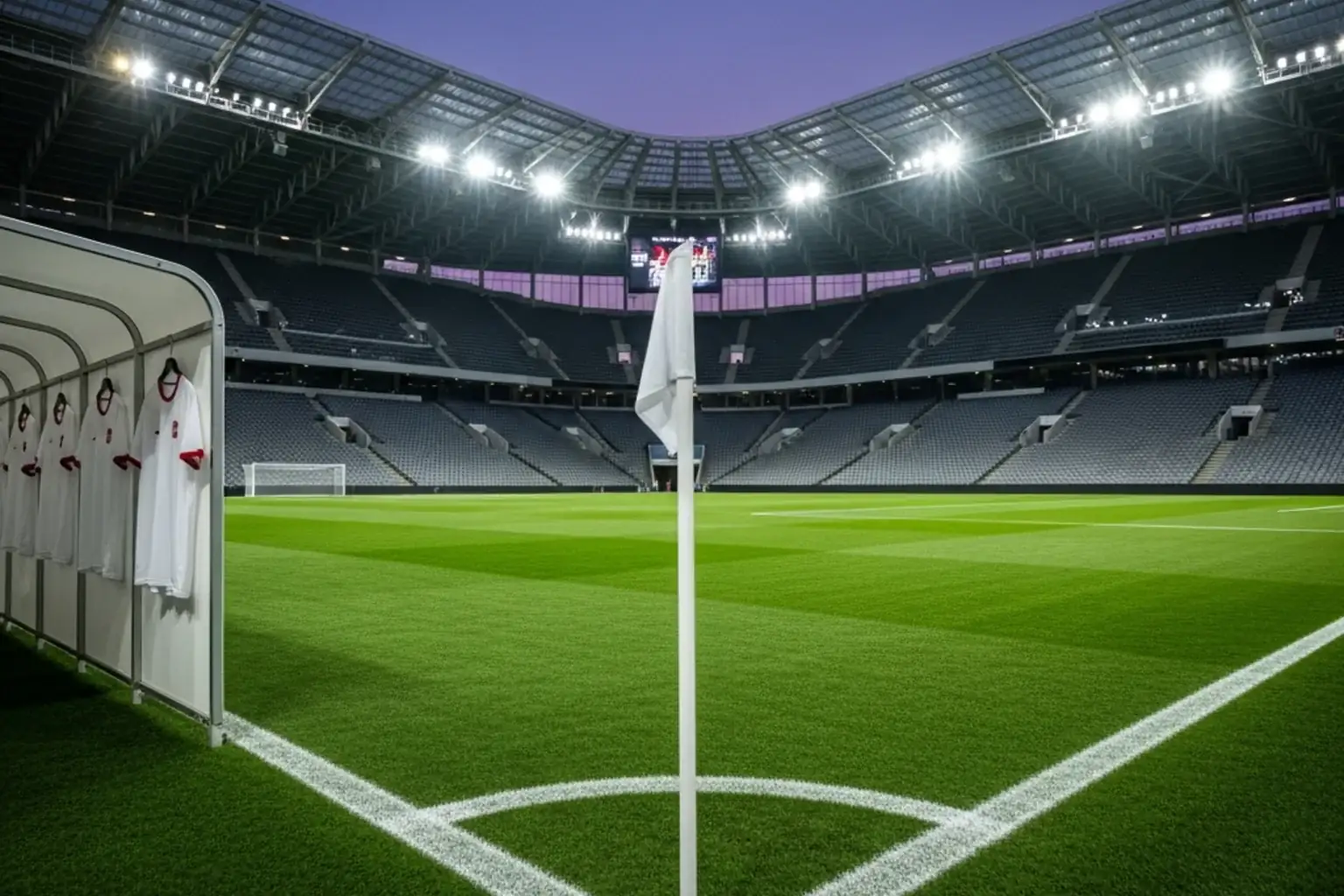 Pelouse de football avec maillots blancs anglais et ballon du Mondial dans un stade moderne