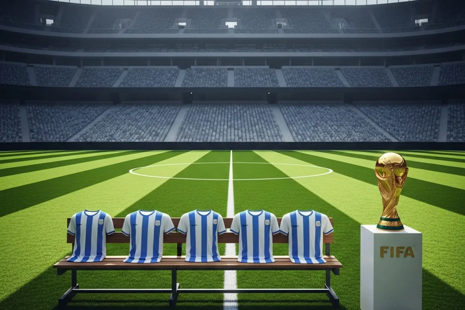 Maillots albicelestes rayés bleu et blanc sur pelouse de football dans un stade américain illuminé