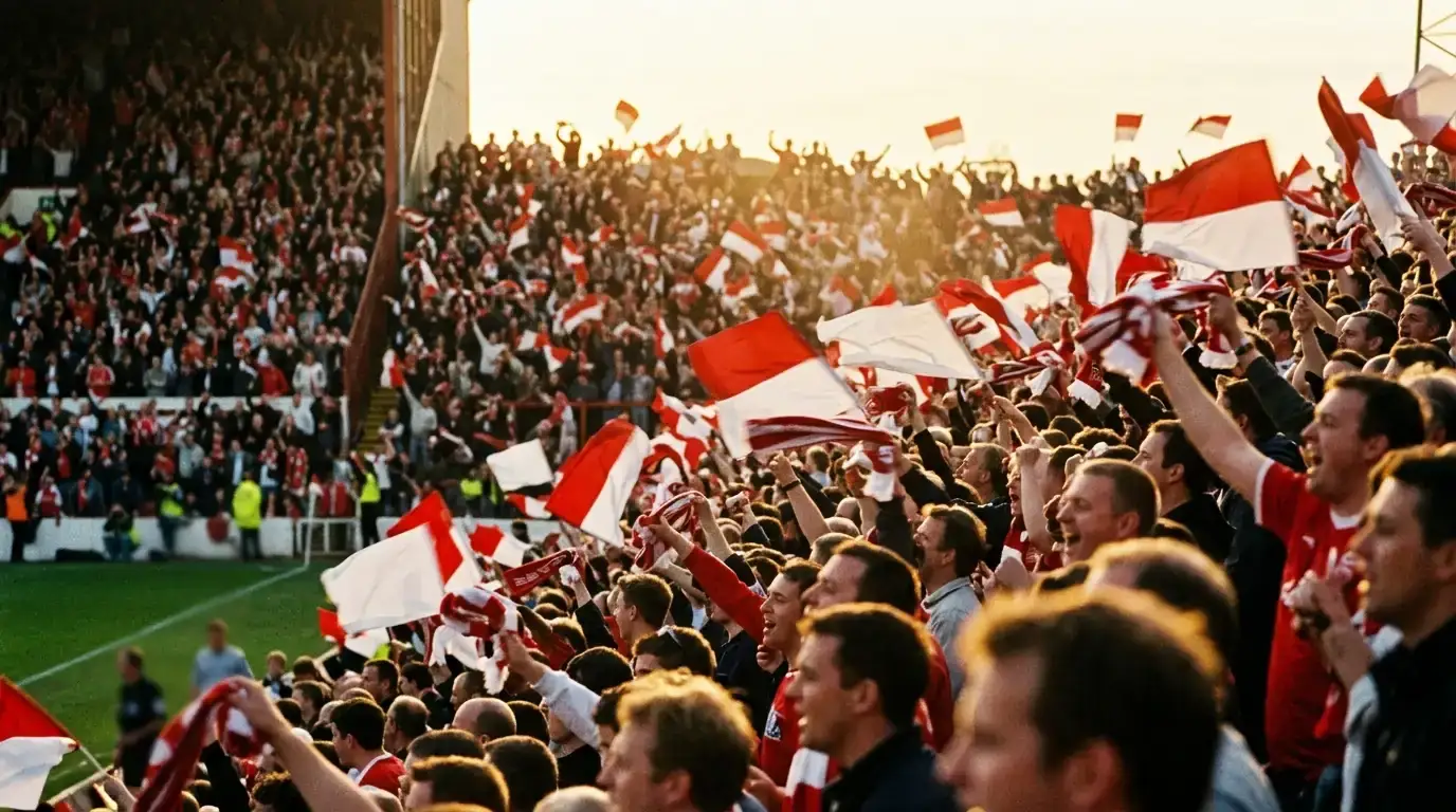 Supporters en tribune agitant des drapeaux rouges et blancs lors d'un match de football, ambiance de fête