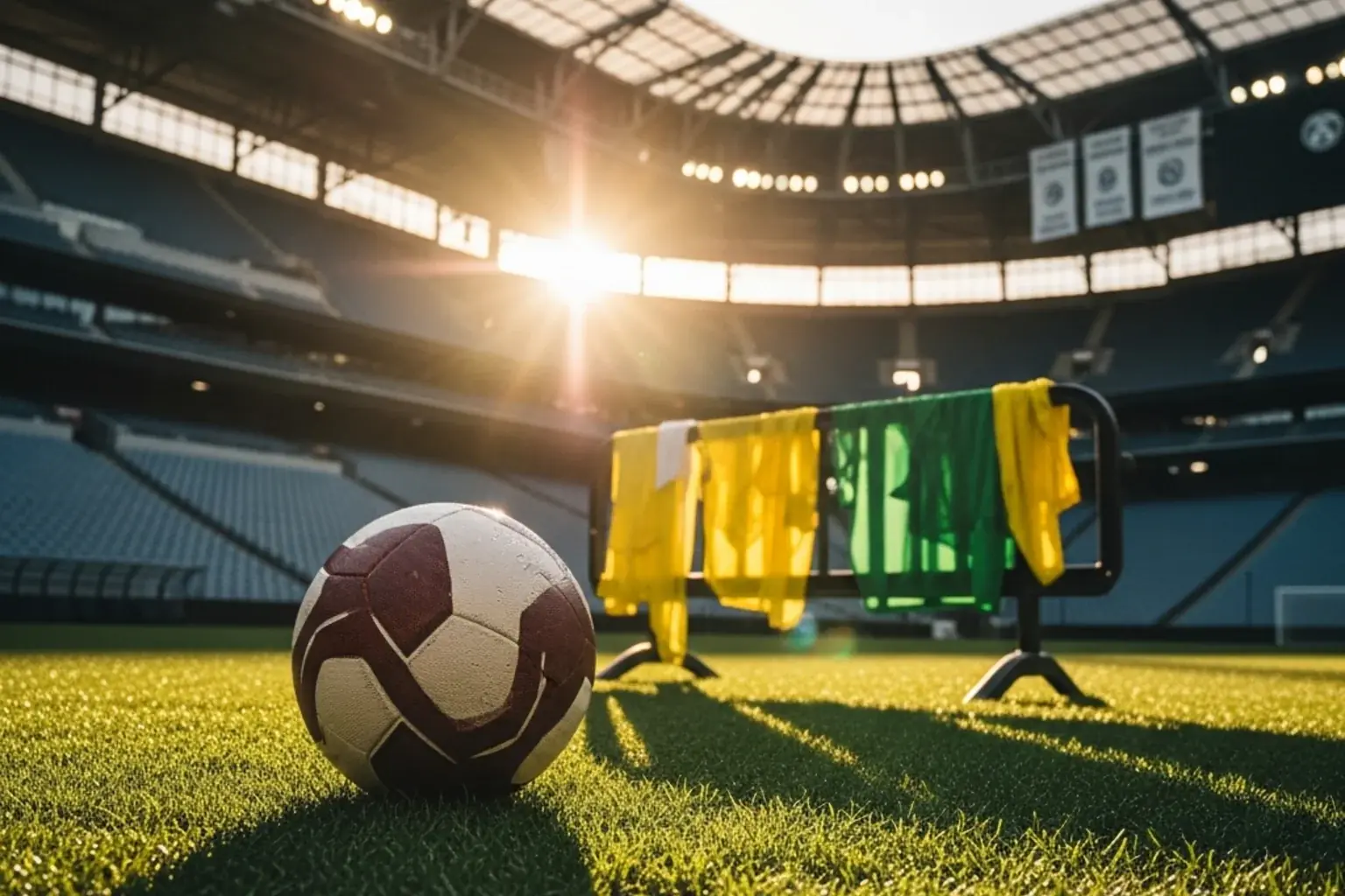 Ballon de football sur pelouse verte avec maillots jaunes et verts dans un stade nord-américain