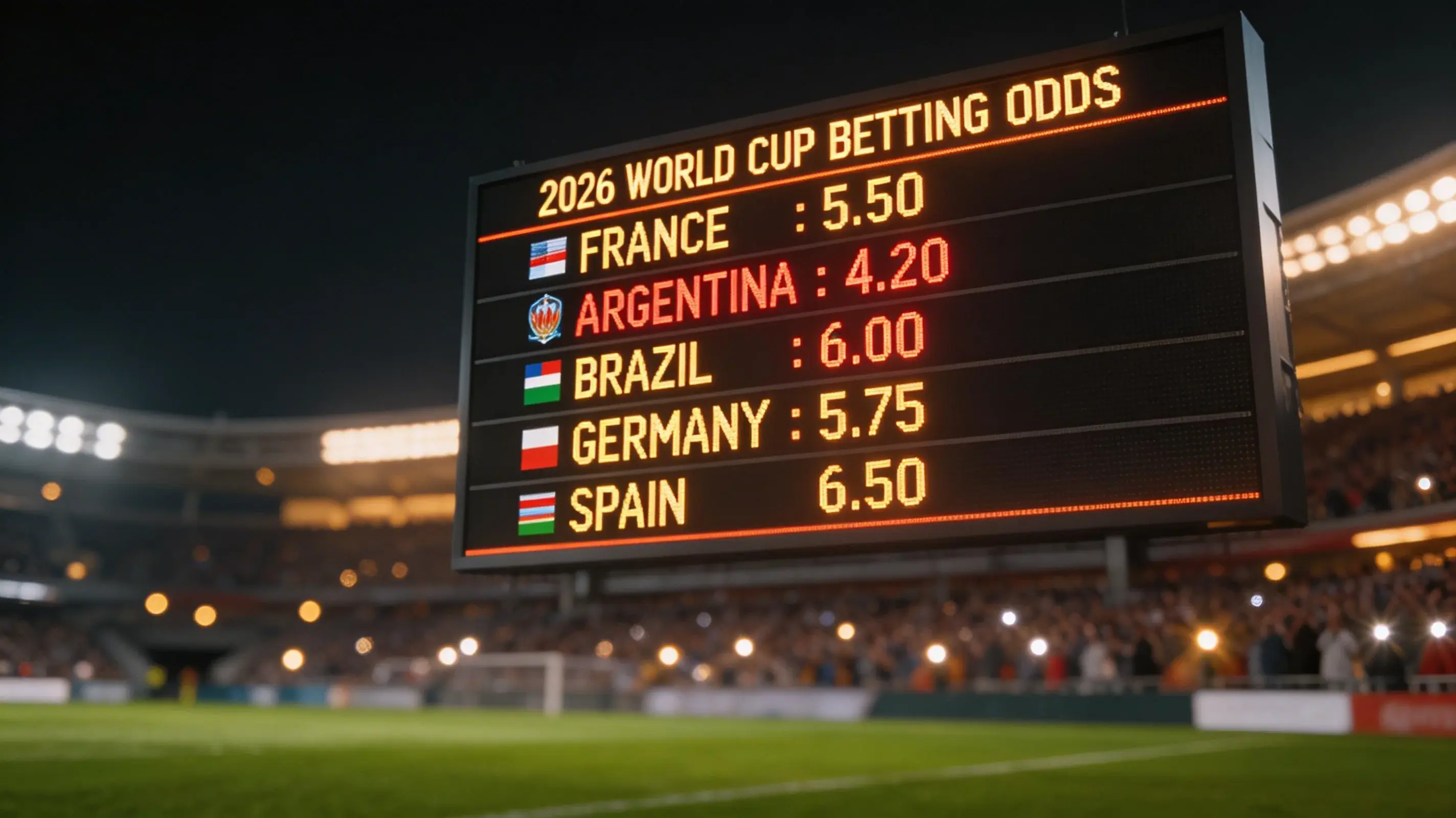 Tableau comparatif des cotes pour le vainqueur de la Coupe du Monde 2026 avec les principaux favoris et outsiders
