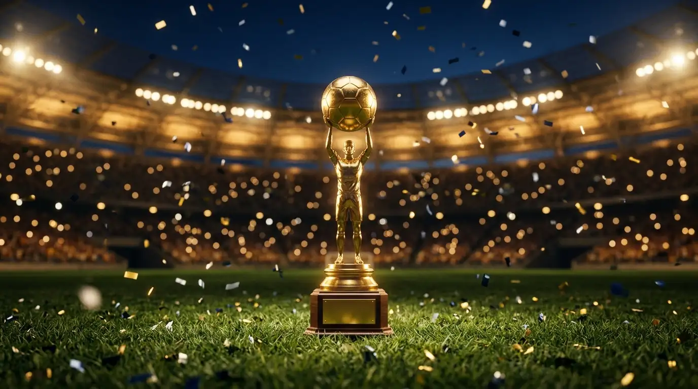 Trophée doré du football posé sur une pelouse de stade éclairée par les projecteurs, ambiance de finale du Mondial 2026