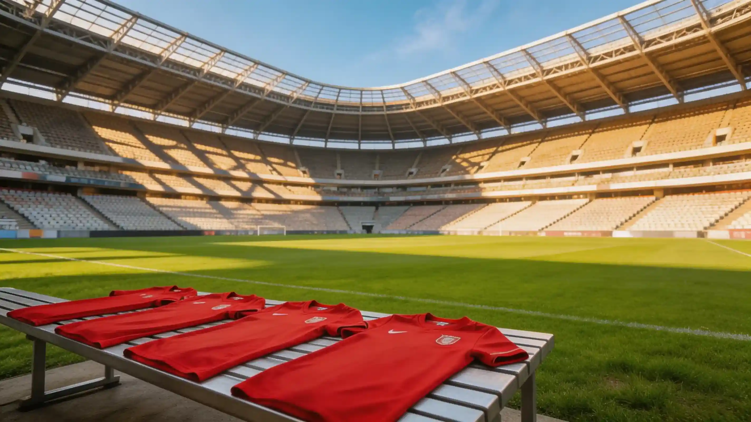 Maillots rouges espagnols sur pelouse de football verte dans un stade nord-américain ensoleillé