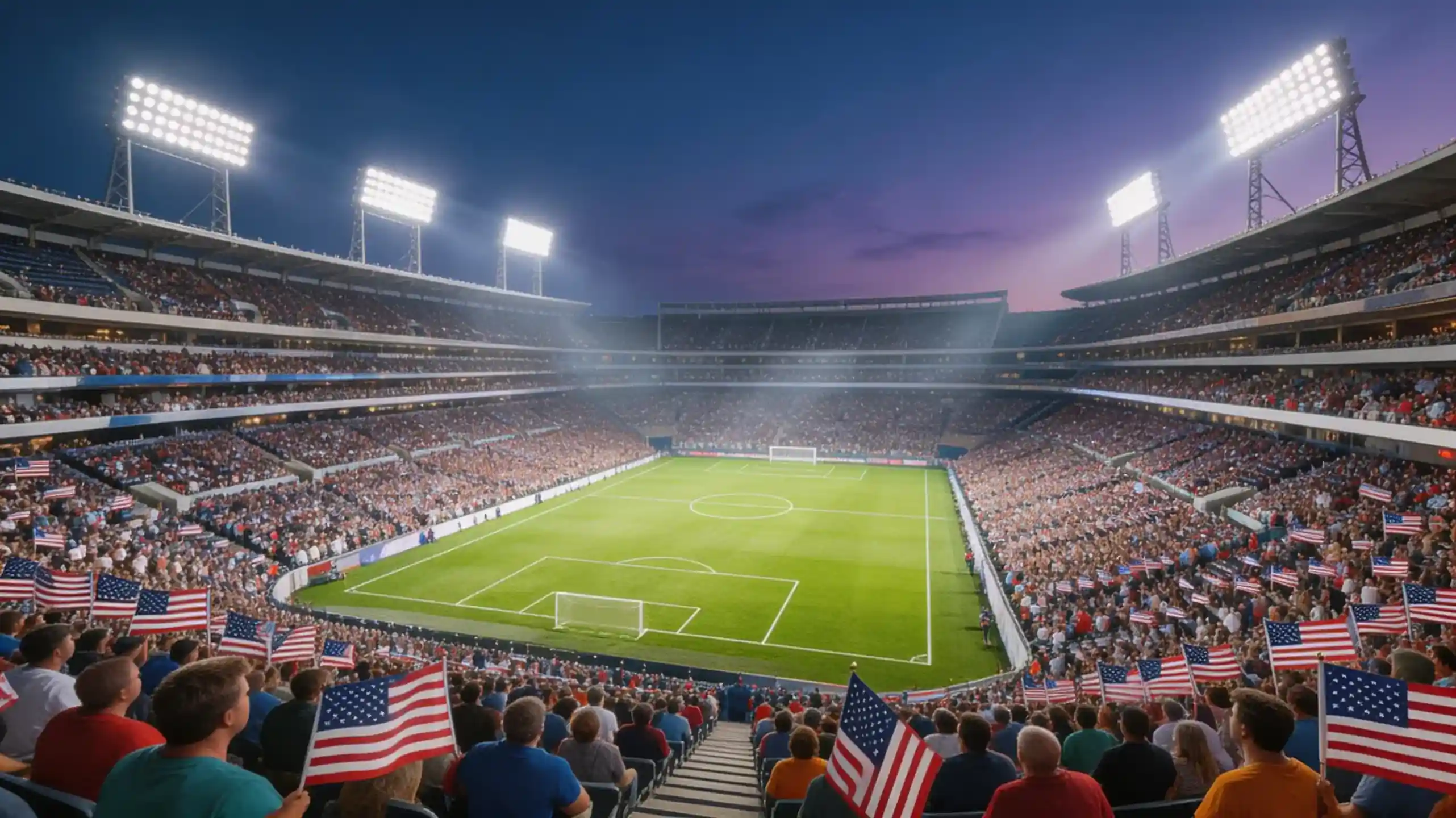 Grand stade américain rempli de spectateurs avec pelouse de football pour le Mondial 2026
