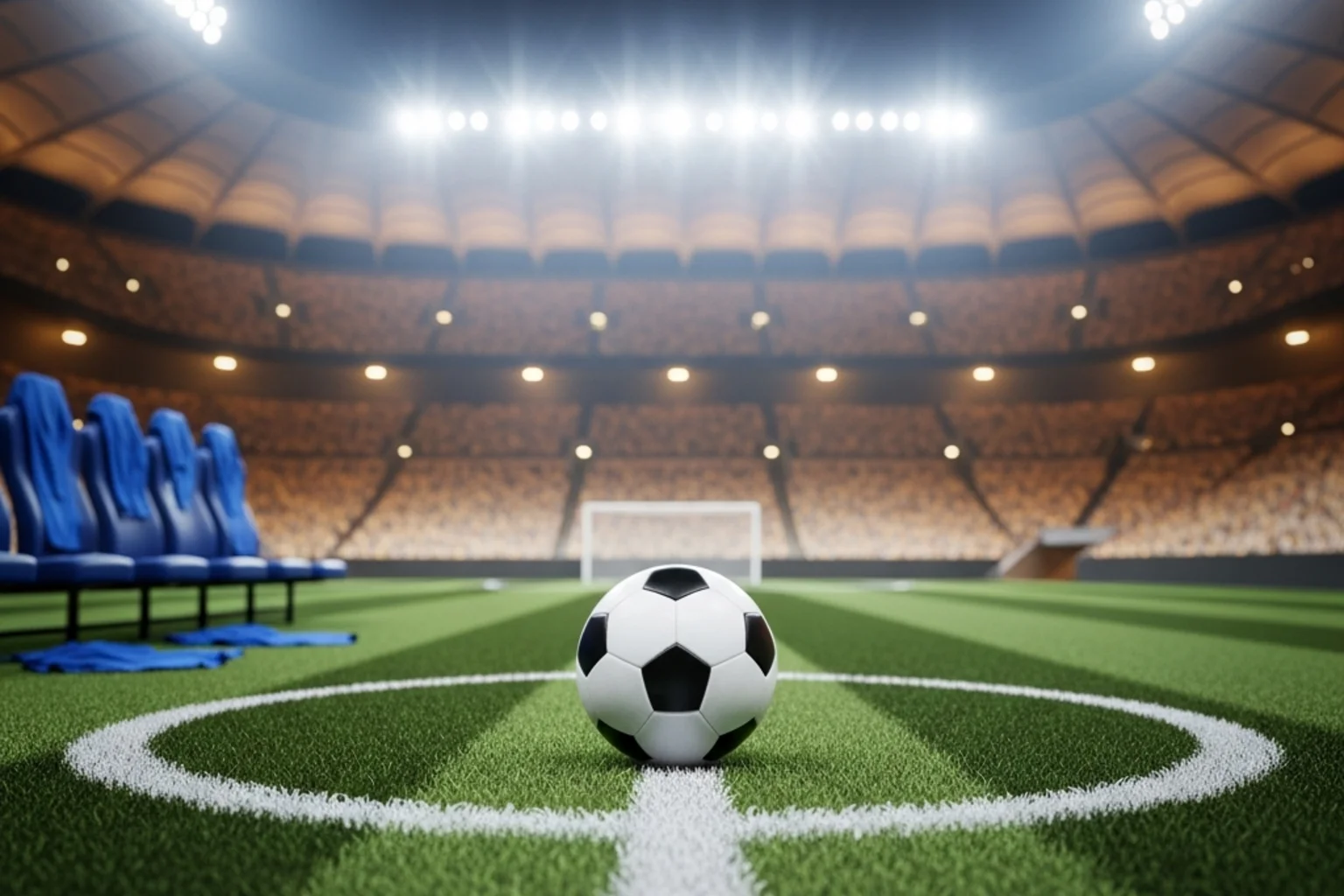 Pelouse de football sous les projecteurs avec maillots bleus et ballon officiel du Mondial 2026