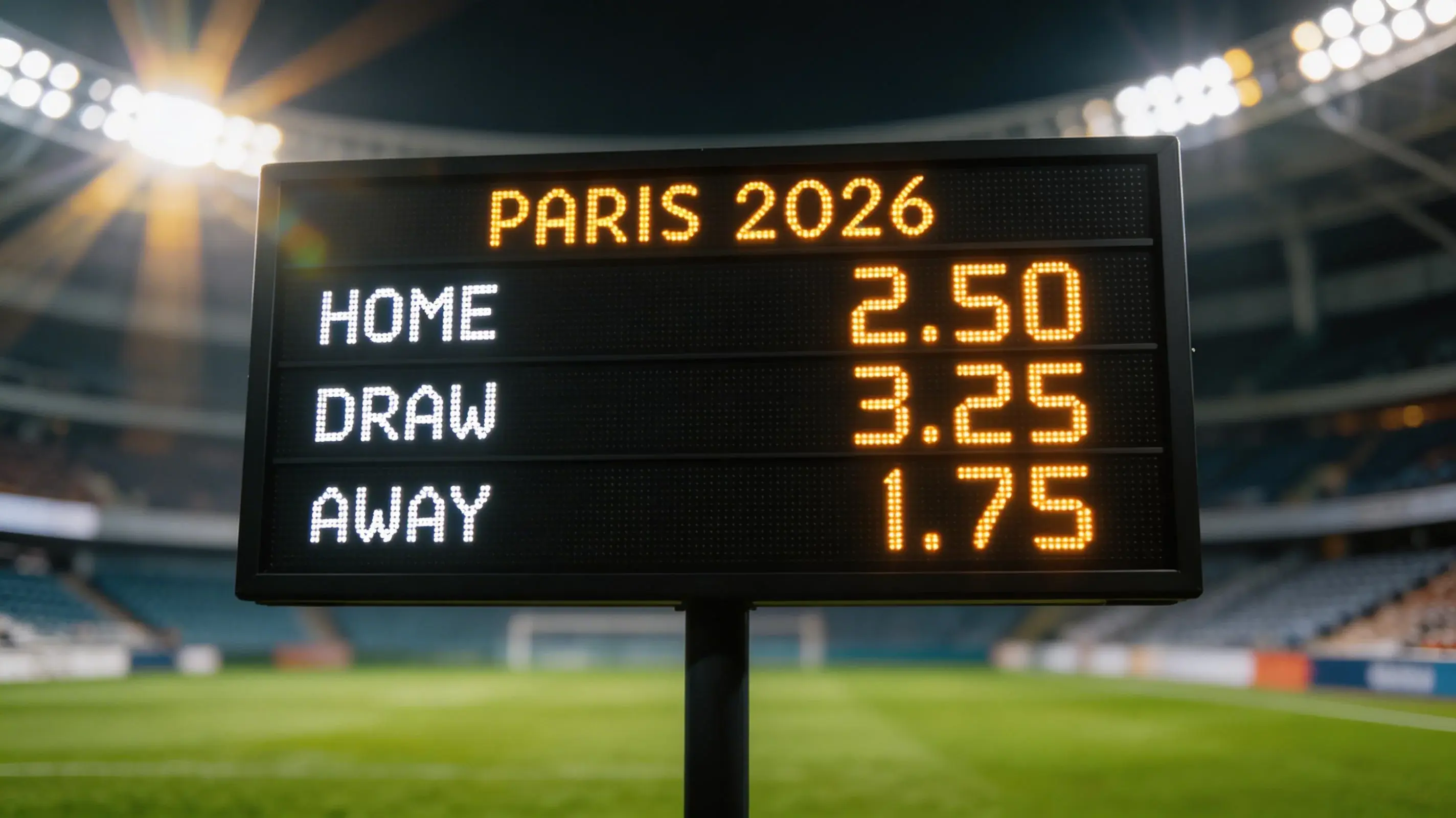 Terrain de football vert avec tableau de cotes décimales dans un stade du Mondial 2026