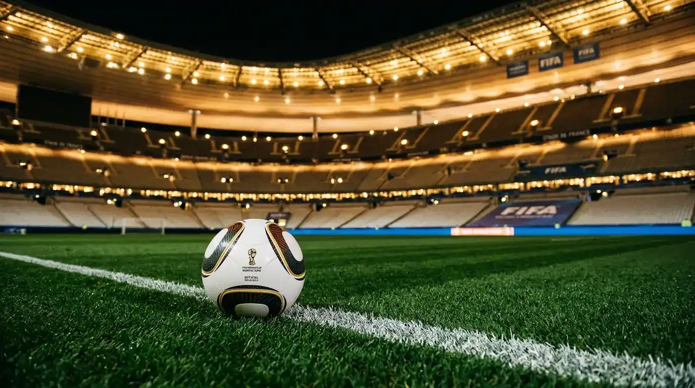 Ballon officiel du Mondial 2026 sur la pelouse d'un stade illuminé, ambiance de soirée historique de Coupe du Monde