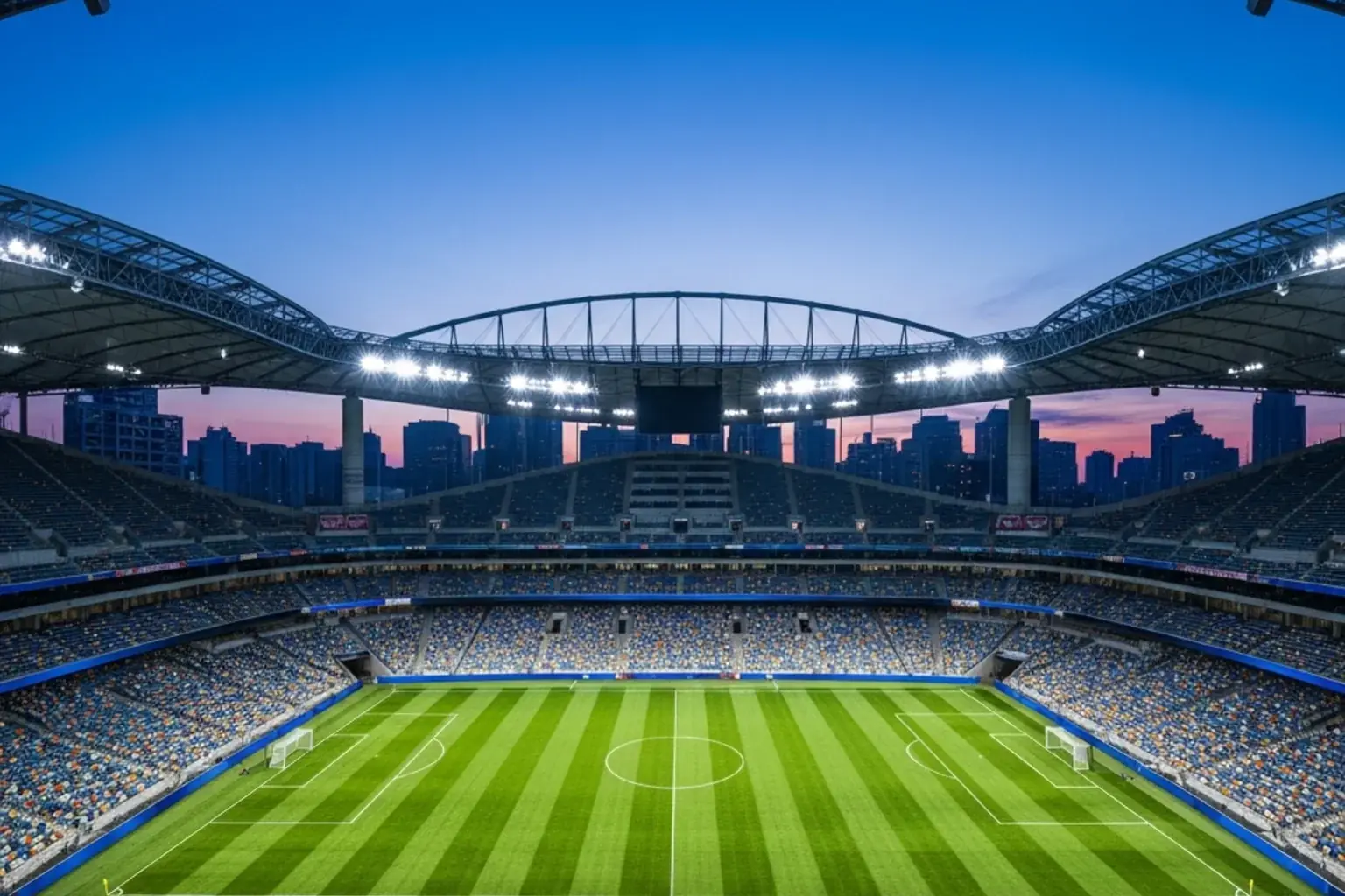 Vue panoramique d'un grand stade de football americain prepare pour la Coupe du Monde 2026