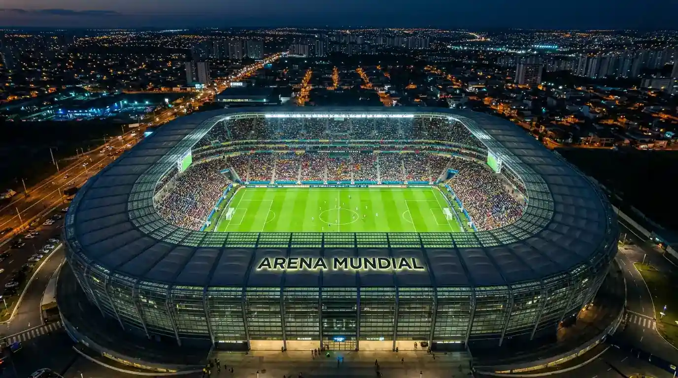 Stade de football vu du ciel la nuit, pelouse éclairée comme une émeraude, ambiance Mondial 2026