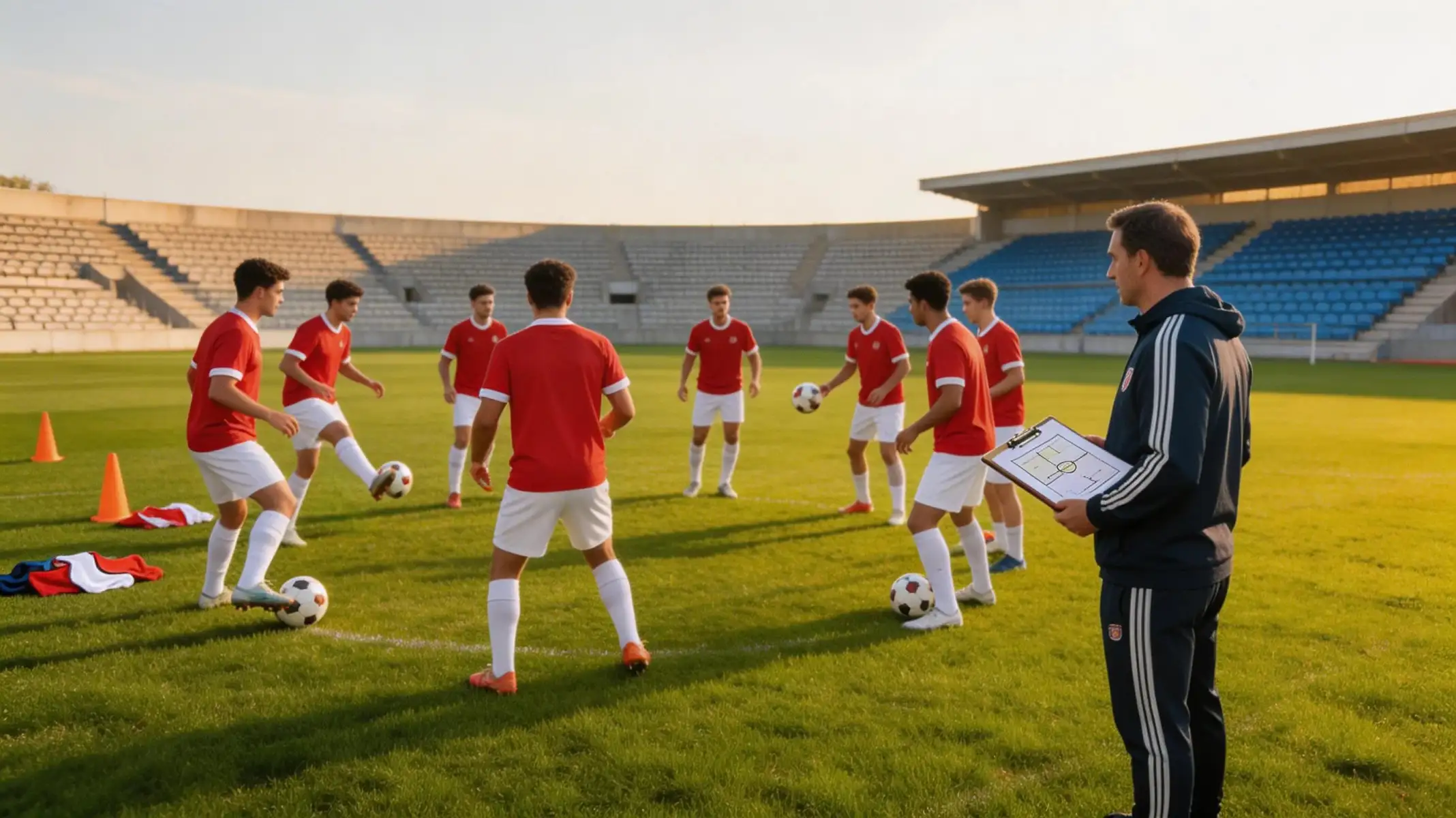Joueurs de l'equipe nationale suisse a l'entrainement sur un terrain de football en tenue rouge et blanche