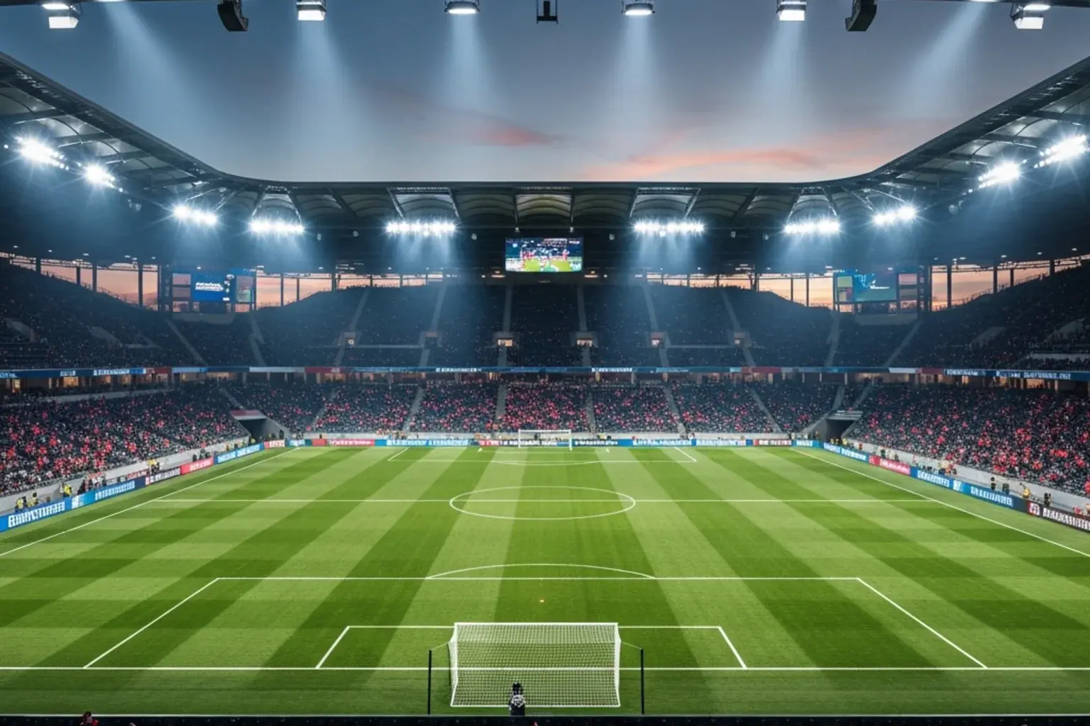 Terrain de football américain vu depuis les tribunes avec drapeaux suisses dans un stade moderne en soirée