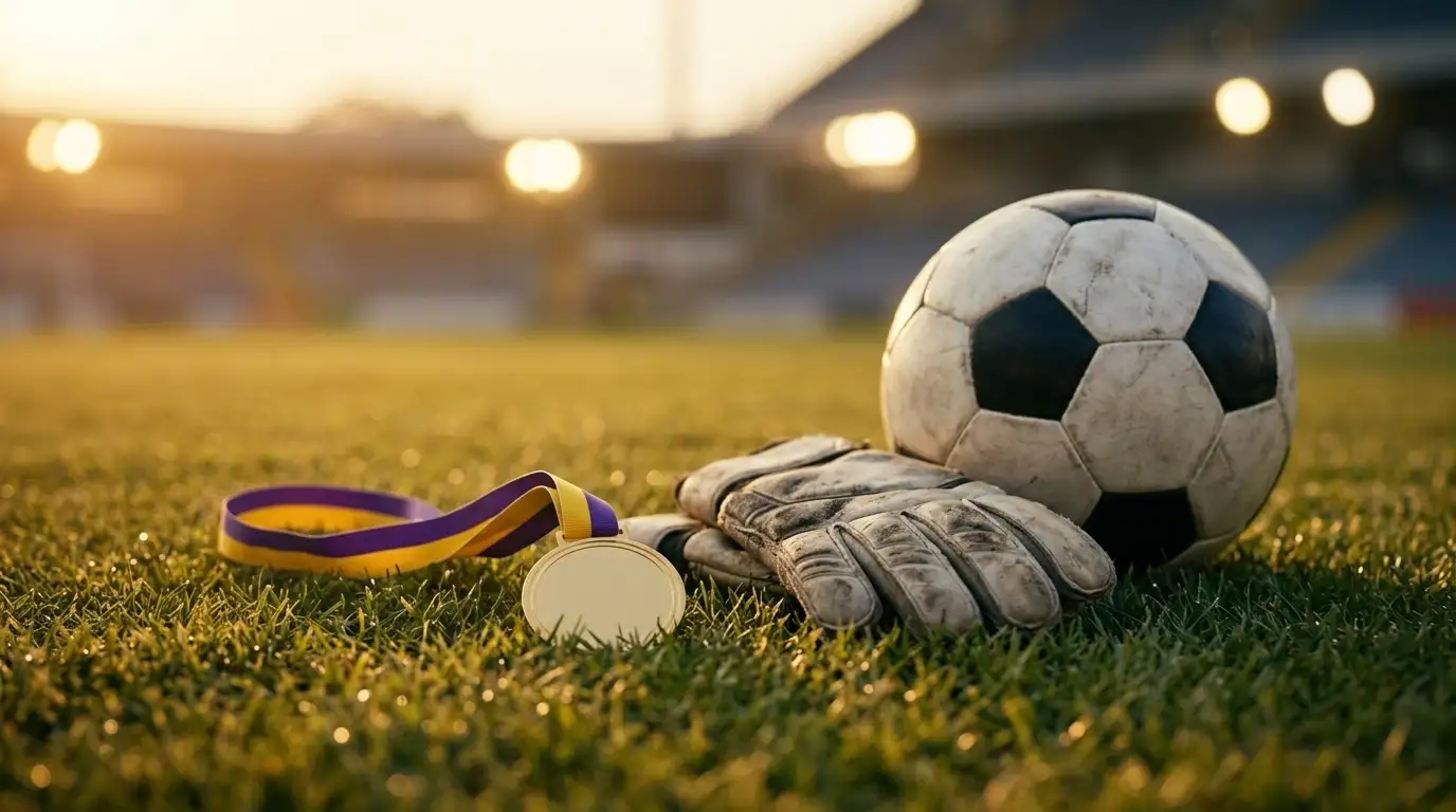 Médaille dorée et gants de gardien posés sur l'herbe d'un terrain de football éclairé