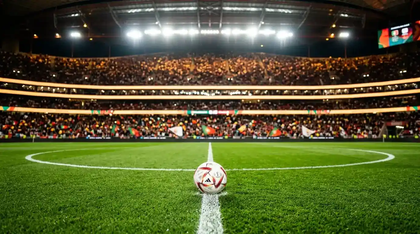 Pelouse de stade éclairée par les projecteurs avec ballon officiel du Mondial 2026, ambiance de soirée de Coupe du Monde