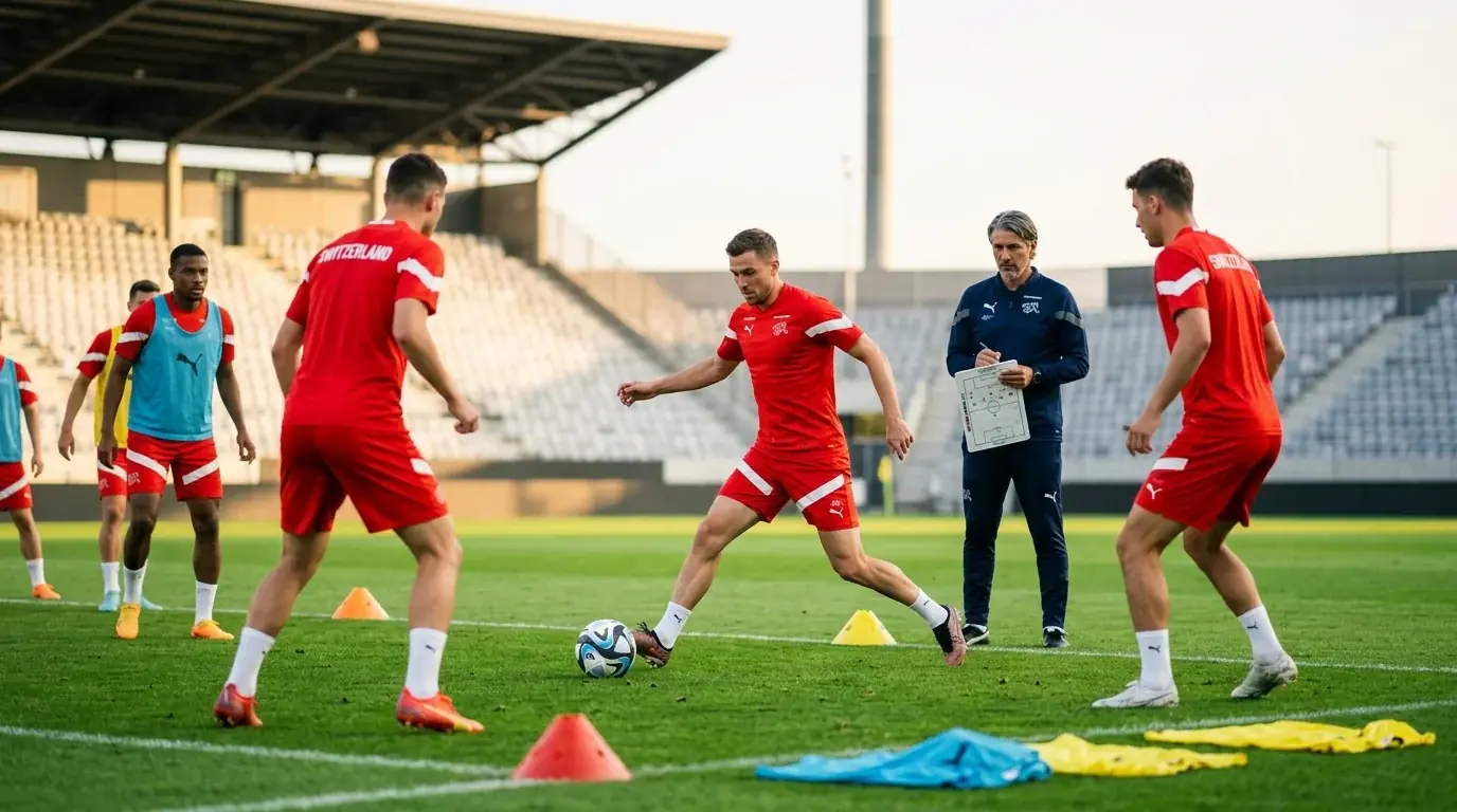 Joueurs d'une sélection nationale en maillot rouge à l'entraînement sur une pelouse, ambiance avant un match du Mondial 2026