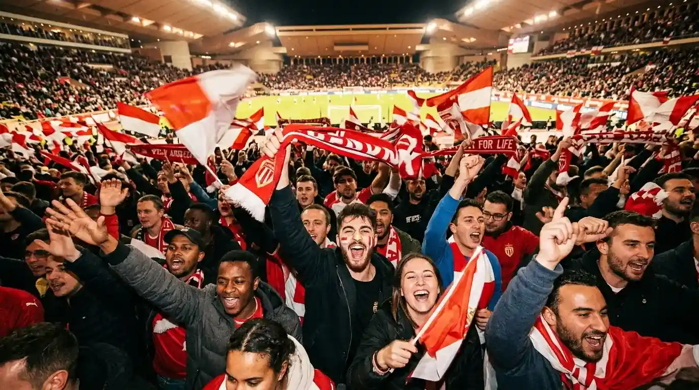 Supporters dans les tribunes d'un stade agitant des drapeaux rouges et blancs, ambiance de Coupe du Monde 2026