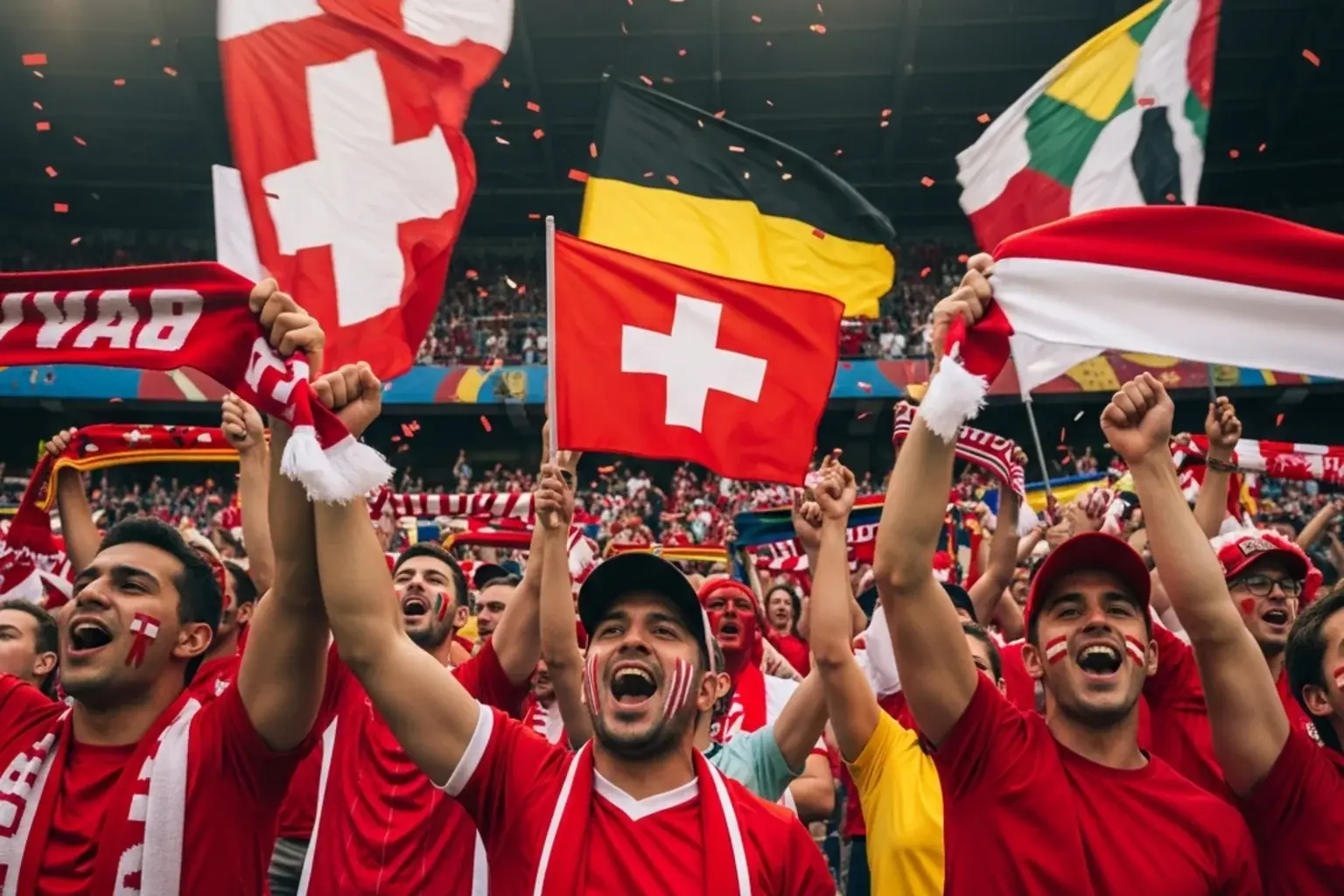 Supporters enthousiastes dans les tribunes d'un stade de football agitant des drapeaux nationaux lors d'un match international