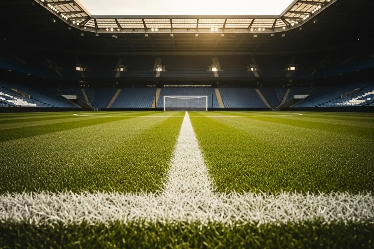 Terrain de football vu depuis la ligne mediane avec pelouse verte impeccable et marquages blancs avant un match de competition